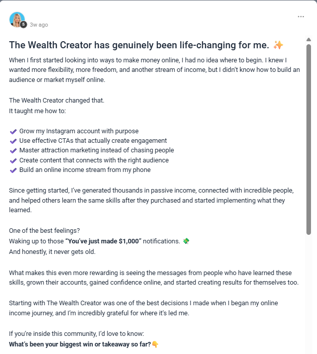 Results testimonial — building digital income with The Wealth Creator digital marketing program