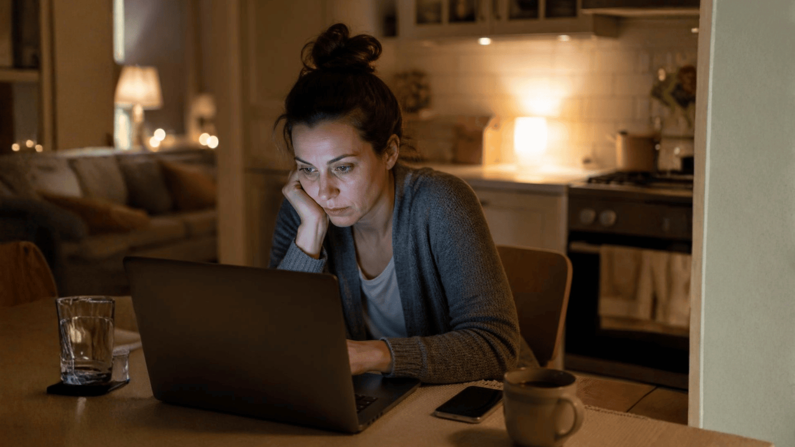 Tired woman working late at night on a laptop working on building a digital income side hustle from home