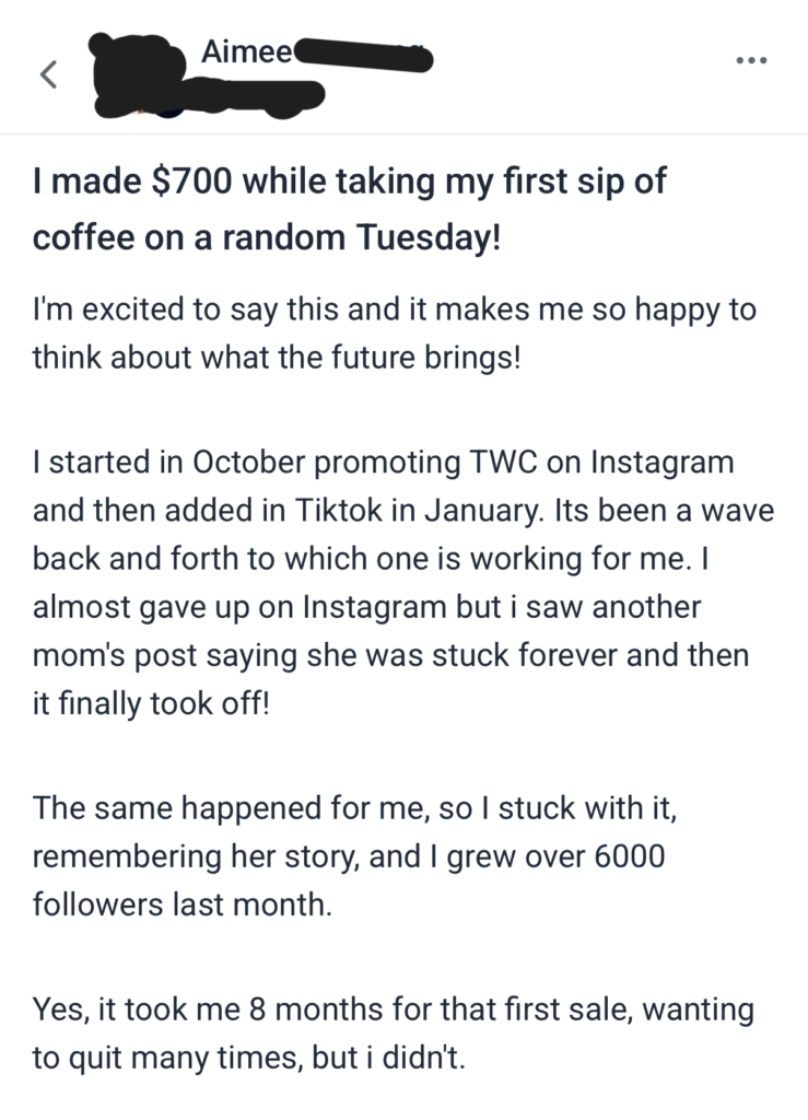 Testimonial from a woman who earned $700 on a Tuesday morning after eight months of consistent posting